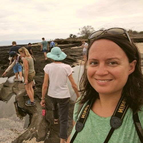 Katy wearing a camera at tide pools in the Galapagos Islands